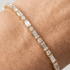 Golden Round & Baguette Cut White Sapphire Tennis Bracelet For Women