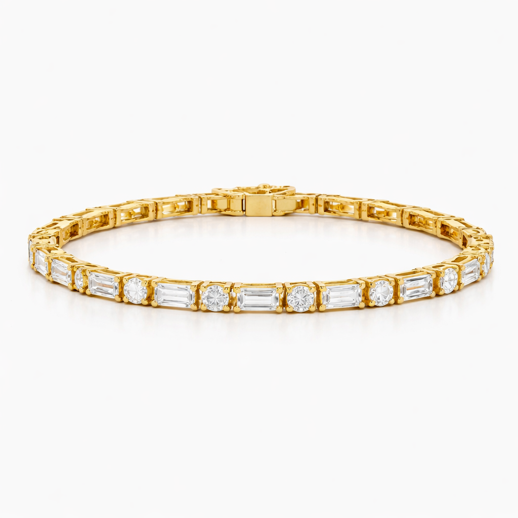 Golden Round & Baguette Cut White Sapphire Tennis Bracelet For Women