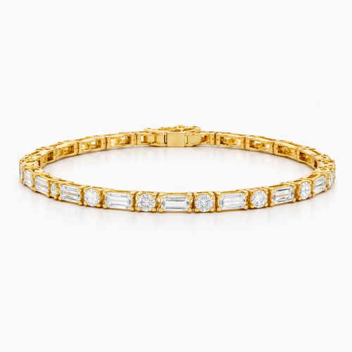 Golden Round & Baguette Cut White Sapphire Tennis Bracelet For Women