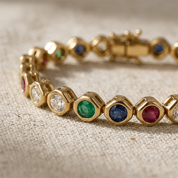 Golden Bezel Round Cut Multi Color Tennis Bracelet For Women