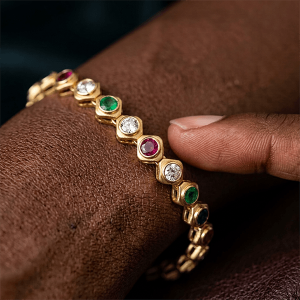 Golden Bezel Round Cut Multi Color Tennis Bracelet For Women