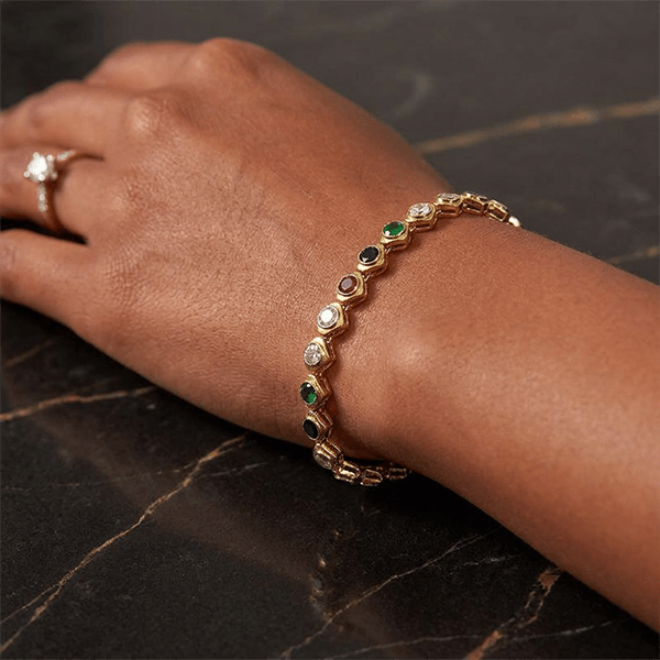 Golden Bezel Round Cut Multi Color Tennis Bracelet For Women