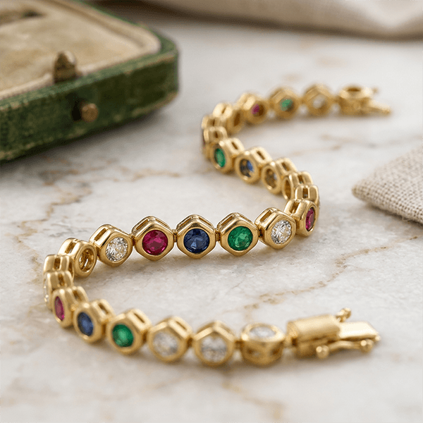 Golden Bezel Round Cut Multi Color Tennis Bracelet For Women