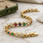 Golden Bezel Round Cut Multi Color Tennis Bracelet For Women