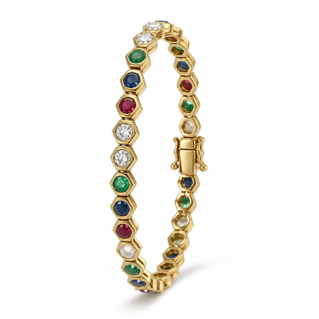 Golden Bezel Round Cut Multi Color Tennis Bracelet For Women