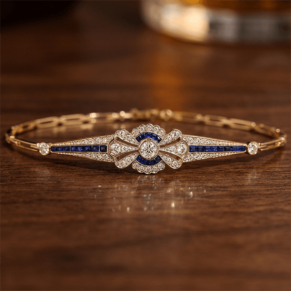 Vintage Bow Knot Round Cut Pavé Blue Sapphire Bracelet For Women