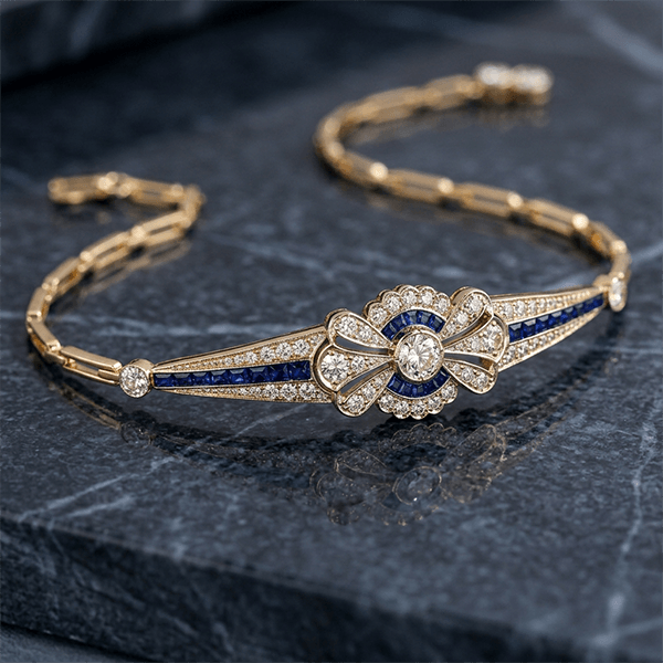 Vintage Bow Knot Round Cut Pavé Blue Sapphire Bracelet For Women