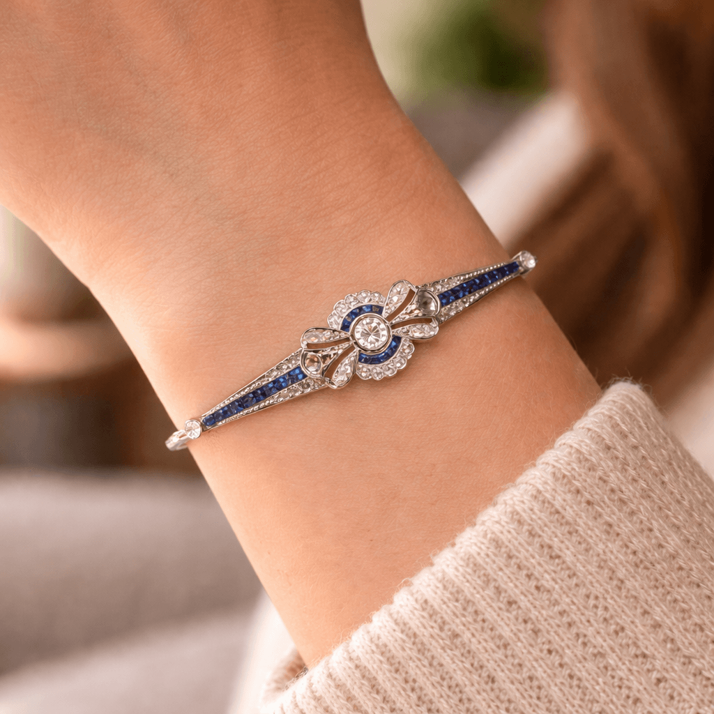 Vintage Bow Knot Round Cut Pavé Blue Sapphire Bracelet For Women