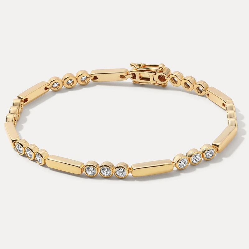 Bezel Golden Round Cut White Sapphire Tennis Bracelet For Women Belovegrace