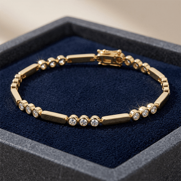 Bar Link Design Yellow Gold Tennis Bracelet For Women