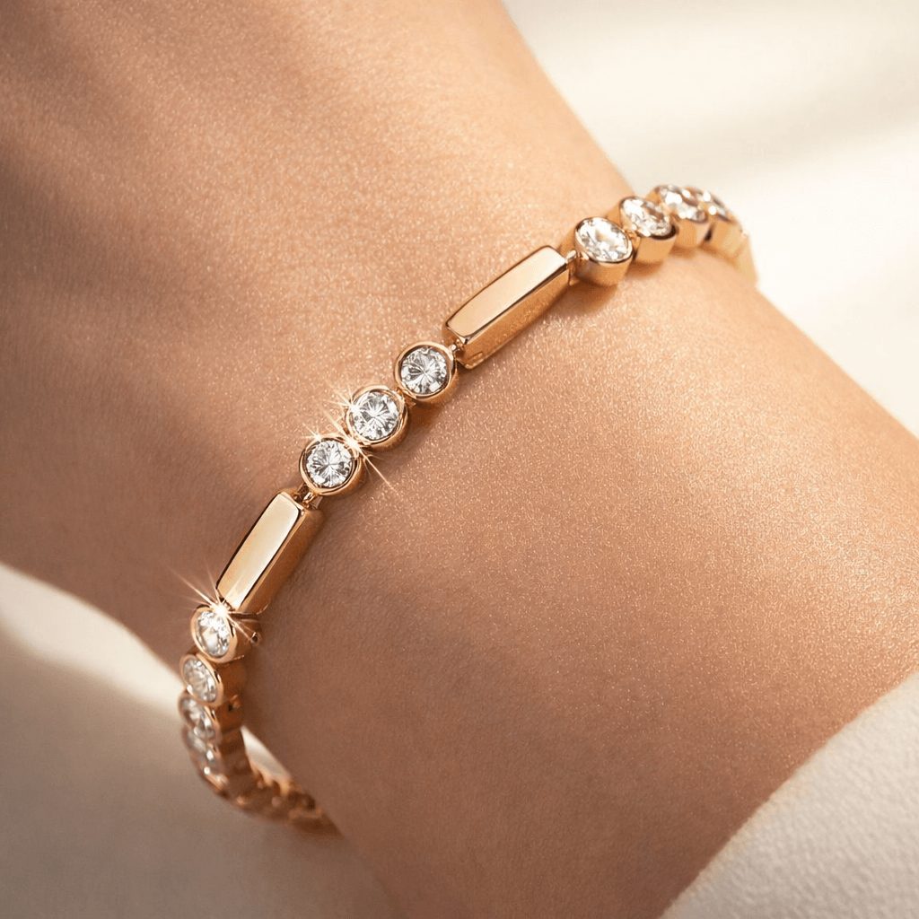 Bar Link Design Yellow Gold Tennis Bracelet For Women