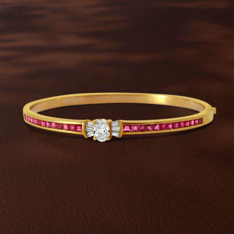 Golden Oval & Asscher Cut White & Ruby Sapphire Bangle Bracelet For Women Belovegrace