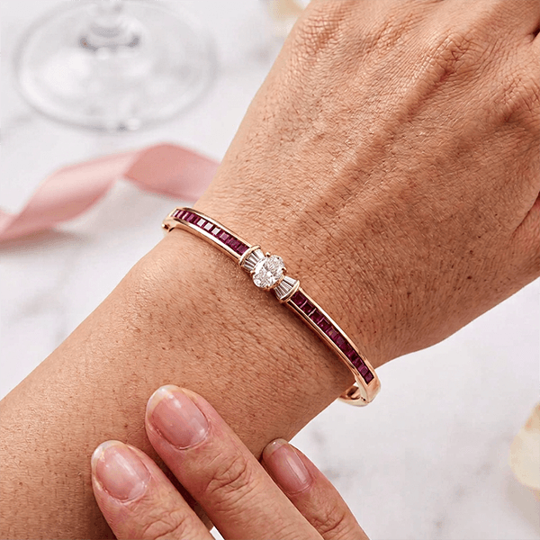Golden Oval & Asscher Cut White & Ruby Sapphire Bangle Bracelet For Women