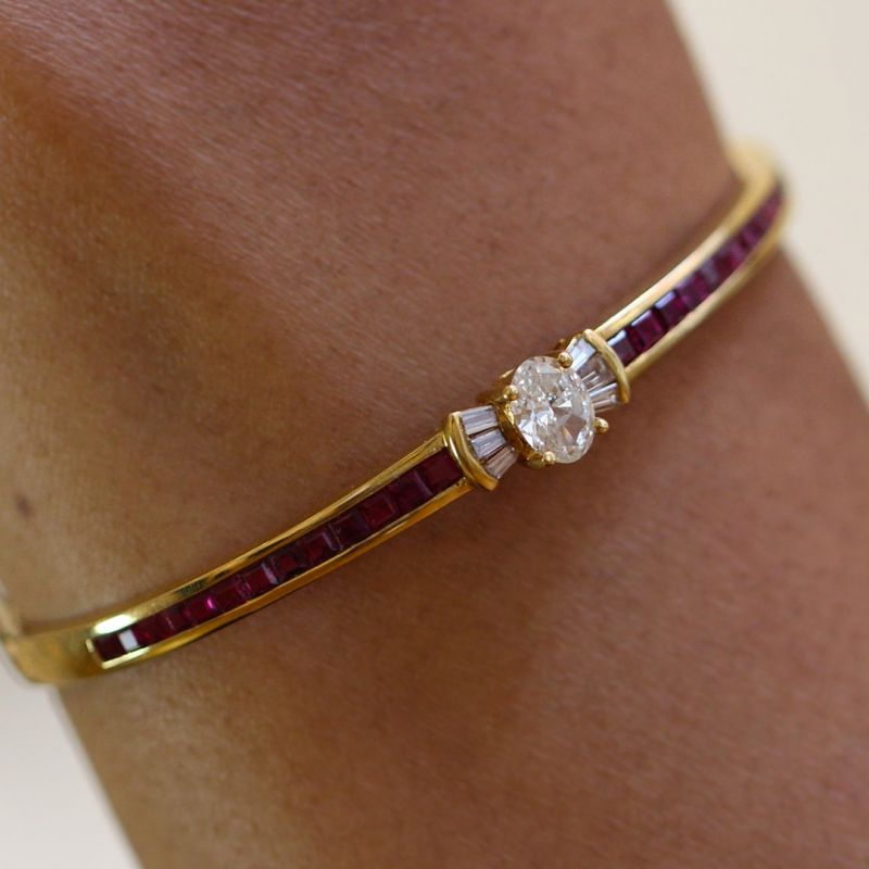Golden Oval & Asscher Cut White & Ruby Sapphire Bangle Bracelet For Women Belovegrace