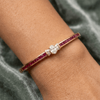 Golden Oval & Asscher Cut White & Ruby Sapphire Bangle Bracelet For Women