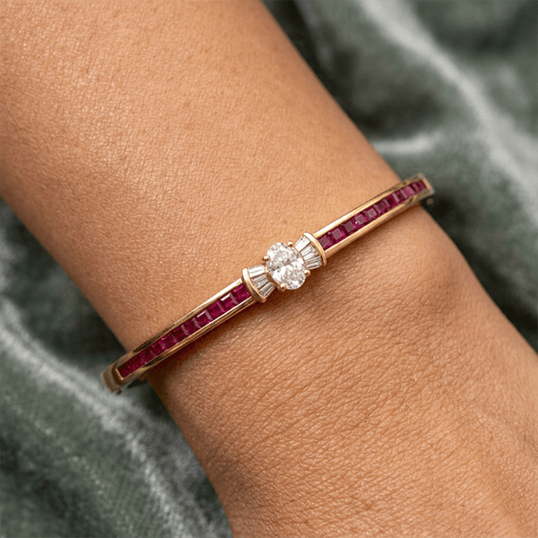 Golden Oval & Asscher Cut White & Ruby Sapphire Bangle Bracelet For Women
