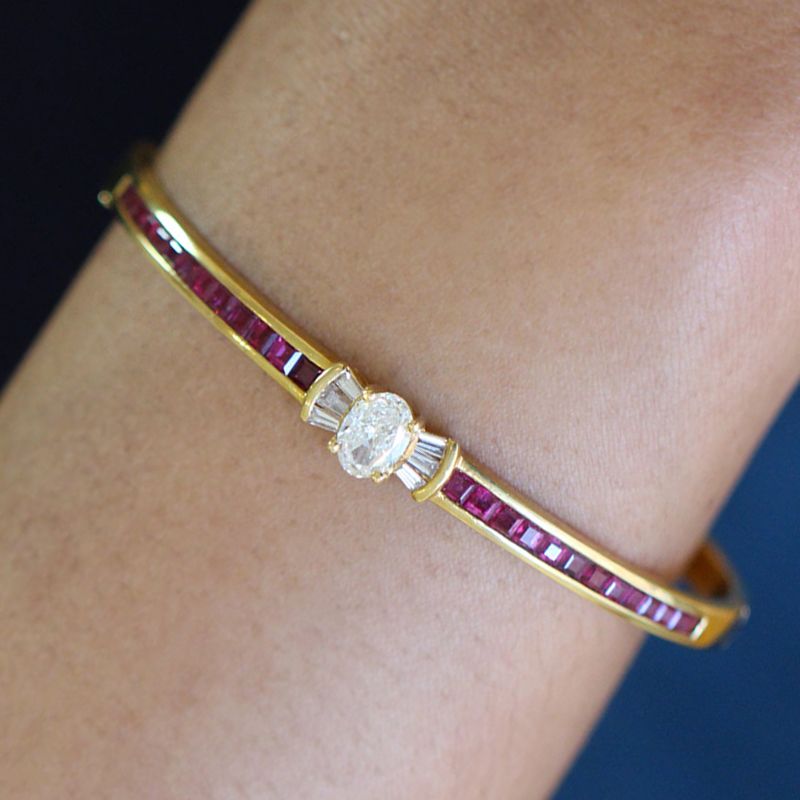 Golden Oval & Asscher Cut White & Ruby Sapphire Bangle Bracelet For Women Belovegrace