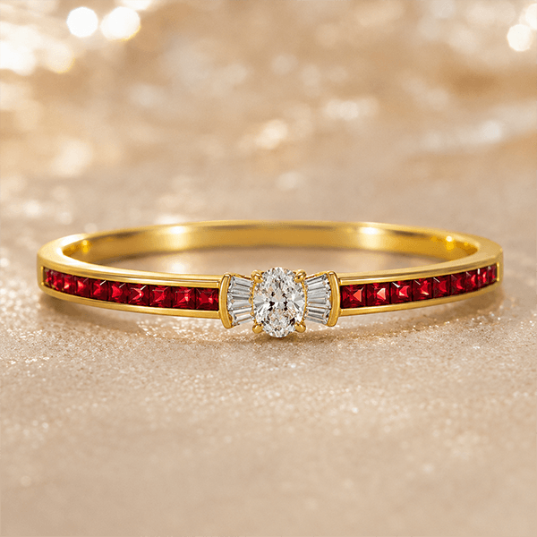 Golden Oval & Asscher Cut White & Ruby Sapphire Bangle Bracelet For Women