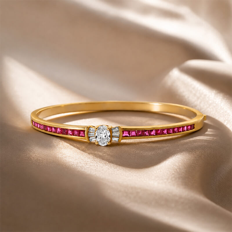 Golden Oval & Asscher Cut White & Ruby Sapphire Bangle Bracelet For Women