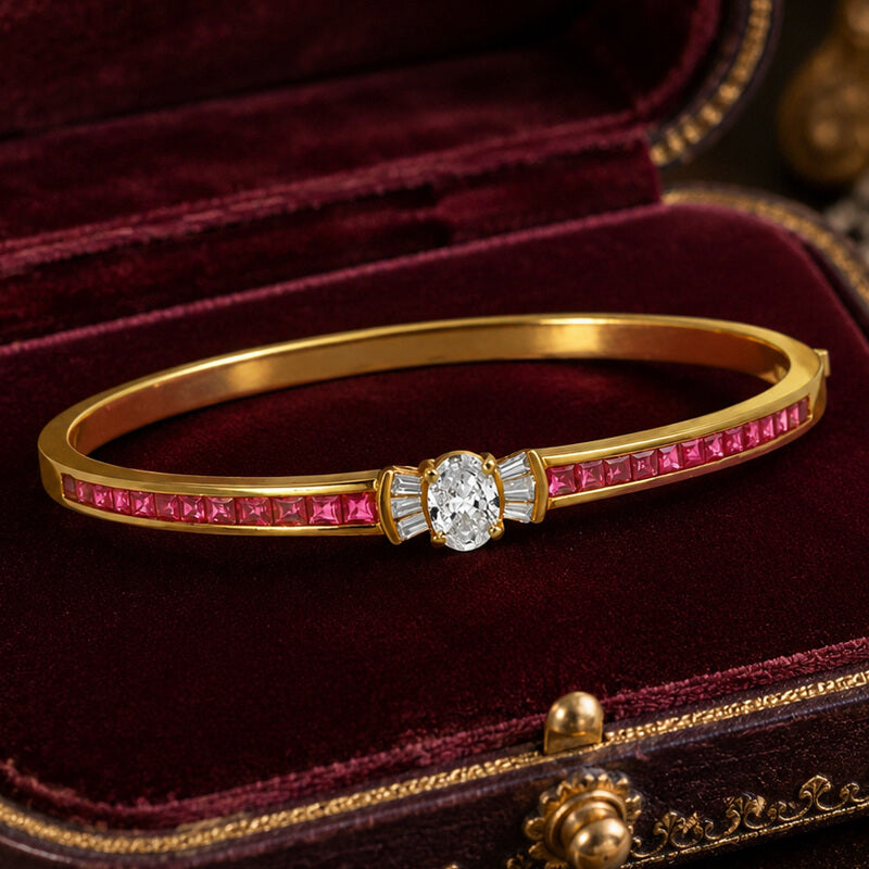 Golden Oval & Asscher Cut White & Ruby Sapphire Bangle Bracelet For Women