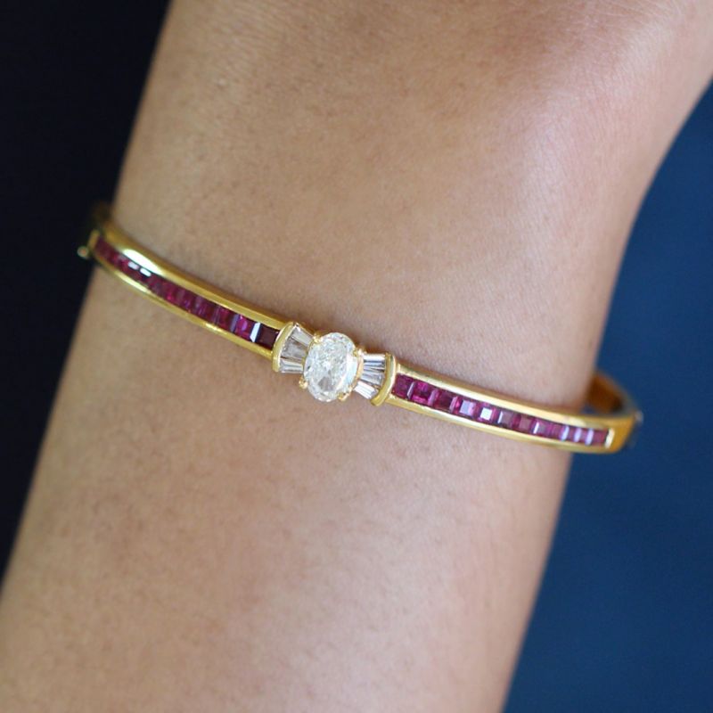Golden Oval & Asscher Cut White & Ruby Sapphire Bangle Bracelet For Women Belovegrace