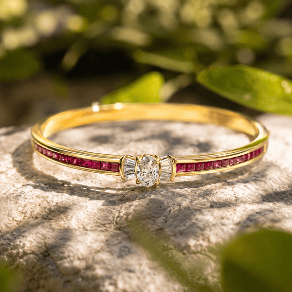 Golden Oval & Asscher Cut White & Ruby Sapphire Bangle Bracelet For Women