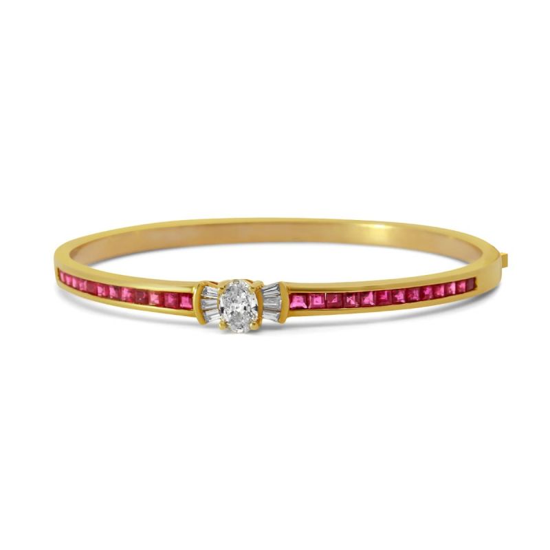 Golden Oval & Asscher Cut White & Ruby Sapphire Bangle Bracelet For Women Belovegrace