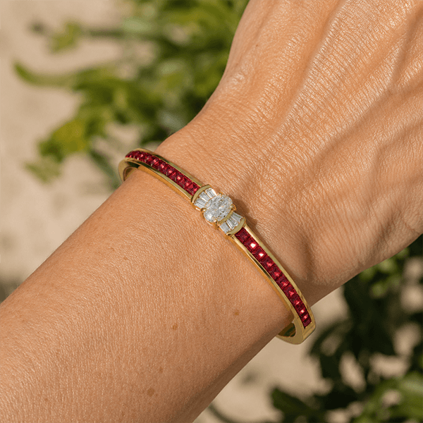 Golden Oval & Asscher Cut White & Ruby Sapphire Bangle Bracelet For Women
