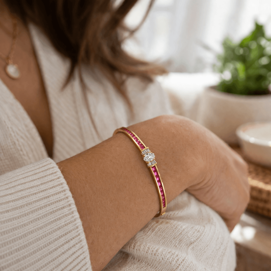 Golden Oval & Asscher Cut White & Ruby Sapphire Bangle Bracelet For Women