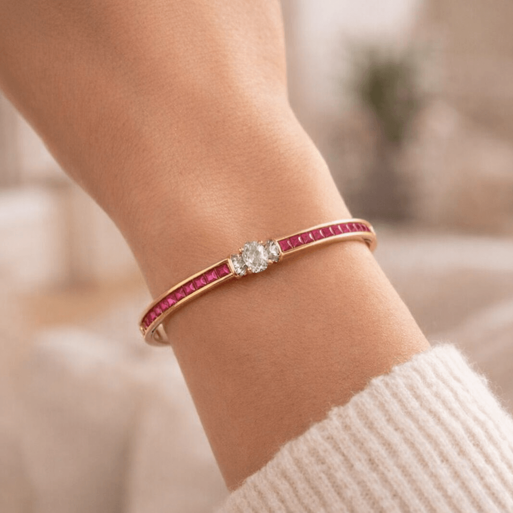Golden Oval & Asscher Cut White & Ruby Sapphire Bangle Bracelet For Women