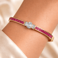 Golden Oval & Asscher Cut White & Ruby Sapphire Bangle Bracelet For Women