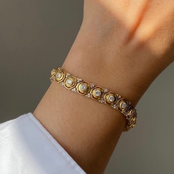 Vintage Honeycomb Design Round Cut White Sapphire Bracelet For Women Belovegrace