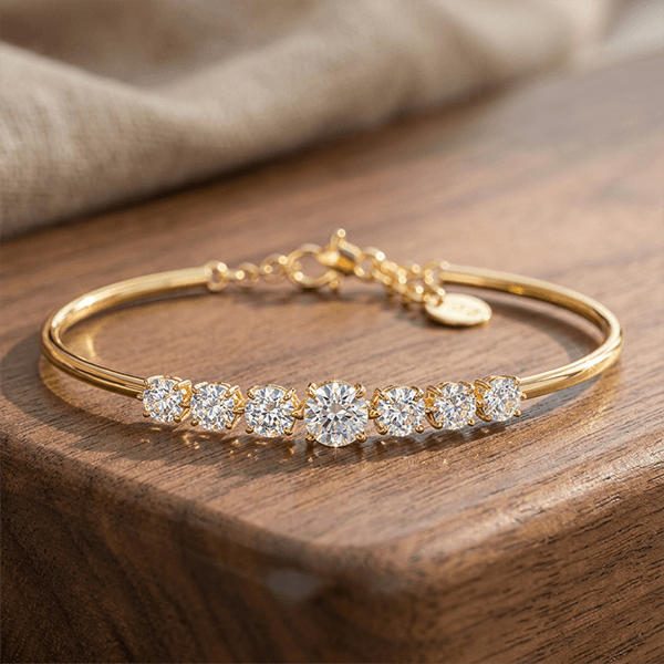 Classic Golden Round Cut White Sapphire Bangle Bracelet For Women