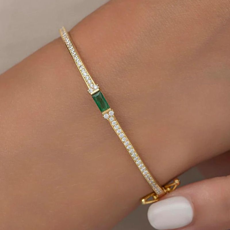Golden Emerald & White Sapphire Baguette & Round Cut Bangle Bracelet For Women Belovegrace