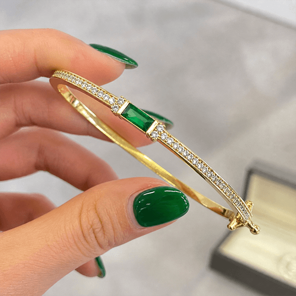 Classic Yellow Gold Baguette Cut Emerald Sapphire Bangle Bracelet For Women