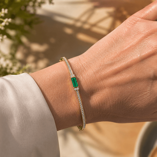Golden Emerald & White Sapphire Baguette & Round Cut Bangle Bracelet For Women