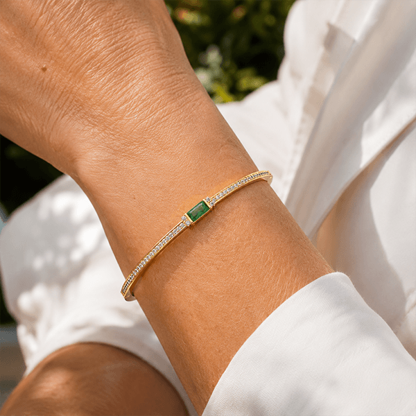 Golden Emerald & White Sapphire Baguette & Round Cut Bangle Bracelet For Women