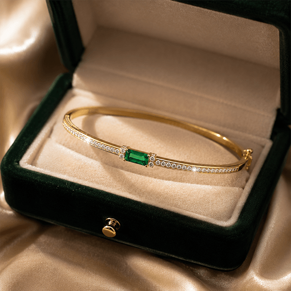Golden Emerald & White Sapphire Baguette & Round Cut Bangle Bracelet For Women