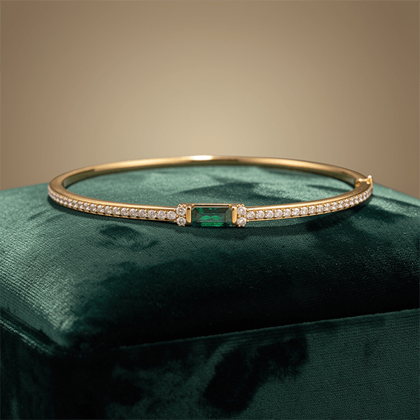 Golden Emerald & White Sapphire Baguette & Round Cut Bangle Bracelet For Women
