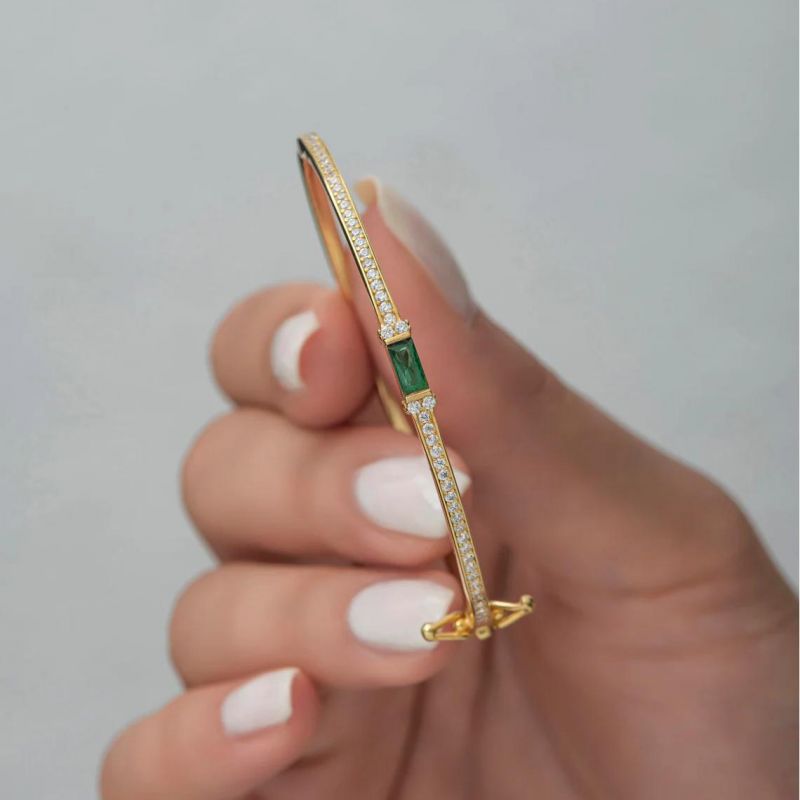 Golden Emerald & White Sapphire Baguette & Round Cut Bangle Bracelet For Women Belovegrace