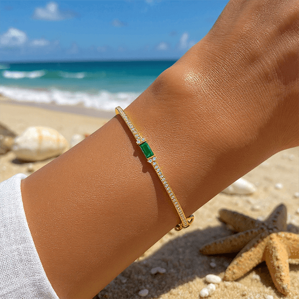 Golden Emerald & White Sapphire Baguette & Round Cut Bangle Bracelet For Women