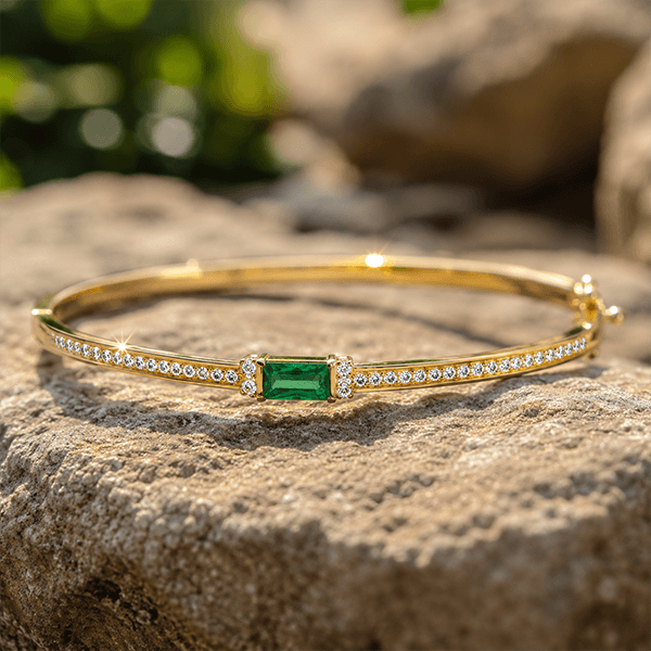 Classic Yellow Gold Baguette Cut Emerald Sapphire Bangle Bracelet For Women
