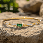 Classic Yellow Gold Baguette Cut Emerald Sapphire Bangle Bracelet For Women