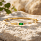 Golden Emerald & White Sapphire Baguette & Round Cut Bangle Bracelet For Women