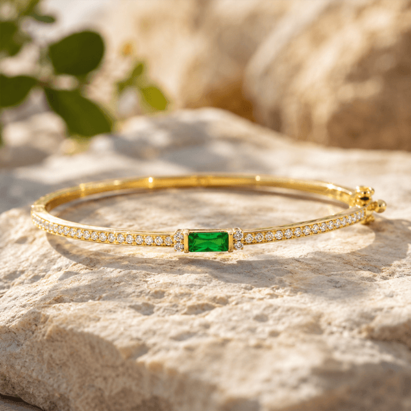 Golden Emerald & White Sapphire Baguette & Round Cut Bangle Bracelet For Women