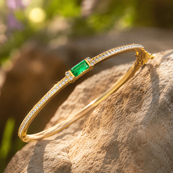 Golden Emerald & White Sapphire Baguette & Round Cut Bangle Bracelet For Women