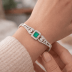 Art Deco Halo Emerald Cut Emerald & White Sapphire Bracelet For Women