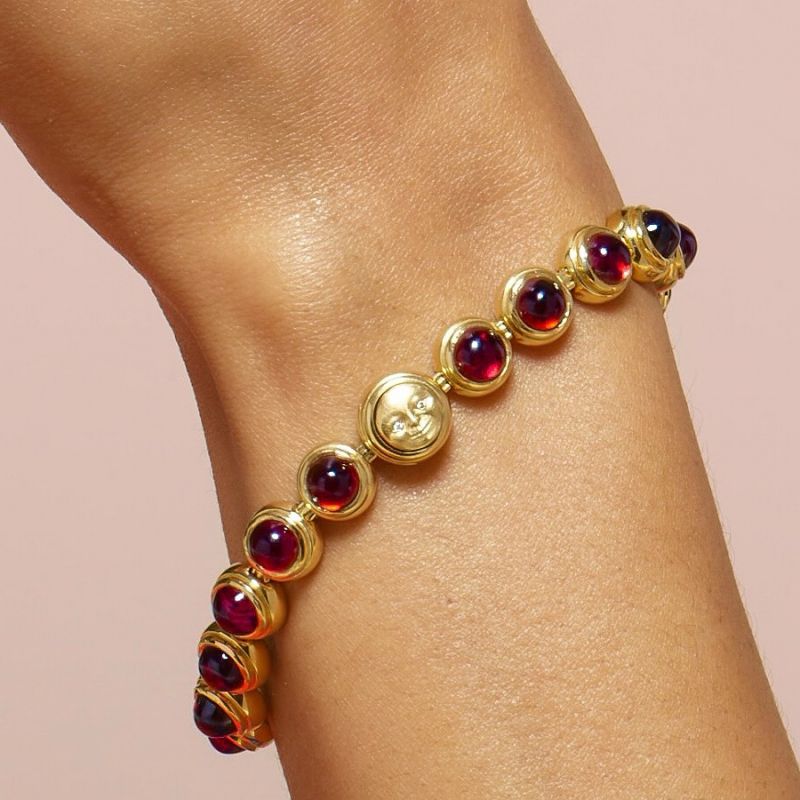 Golden Round Cabochon Cut Garnet Sapphire Moon Chain Tennis Bracelet For Women Belovegrace