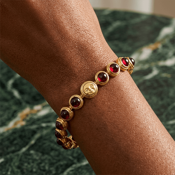 Golden Round Cabochon Cut Garnet Sapphire Moon Chain Tennis Bracelet For Women