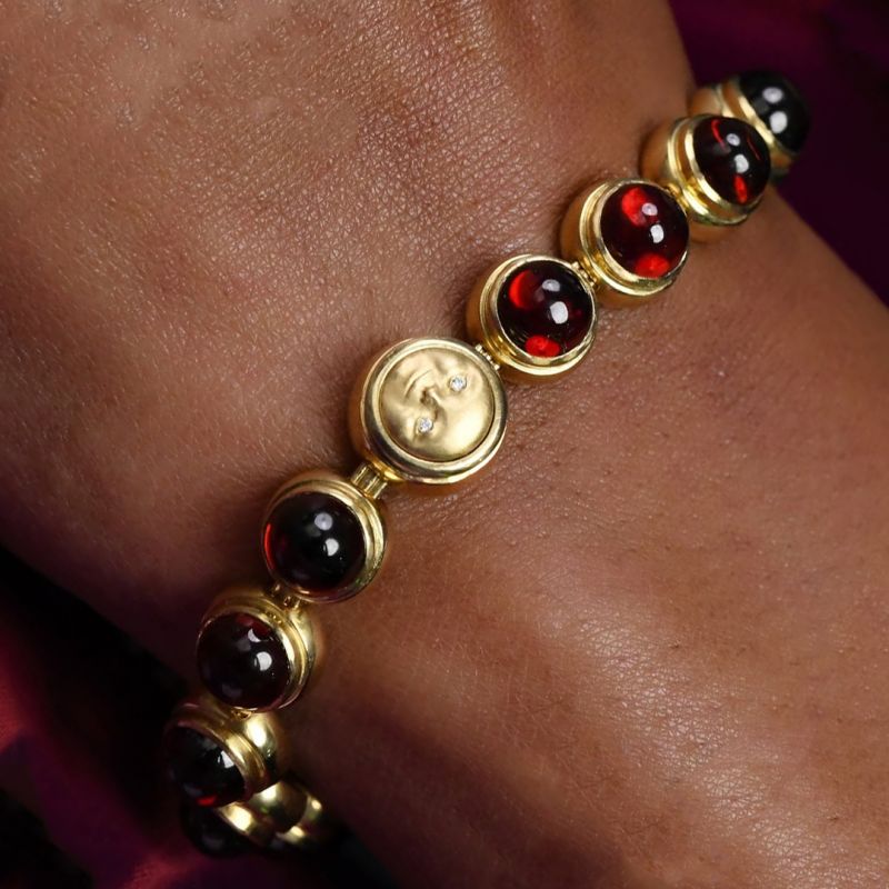 Golden Round Cabochon Cut Garnet Sapphire Moon Chain Tennis Bracelet For Women Belovegrace